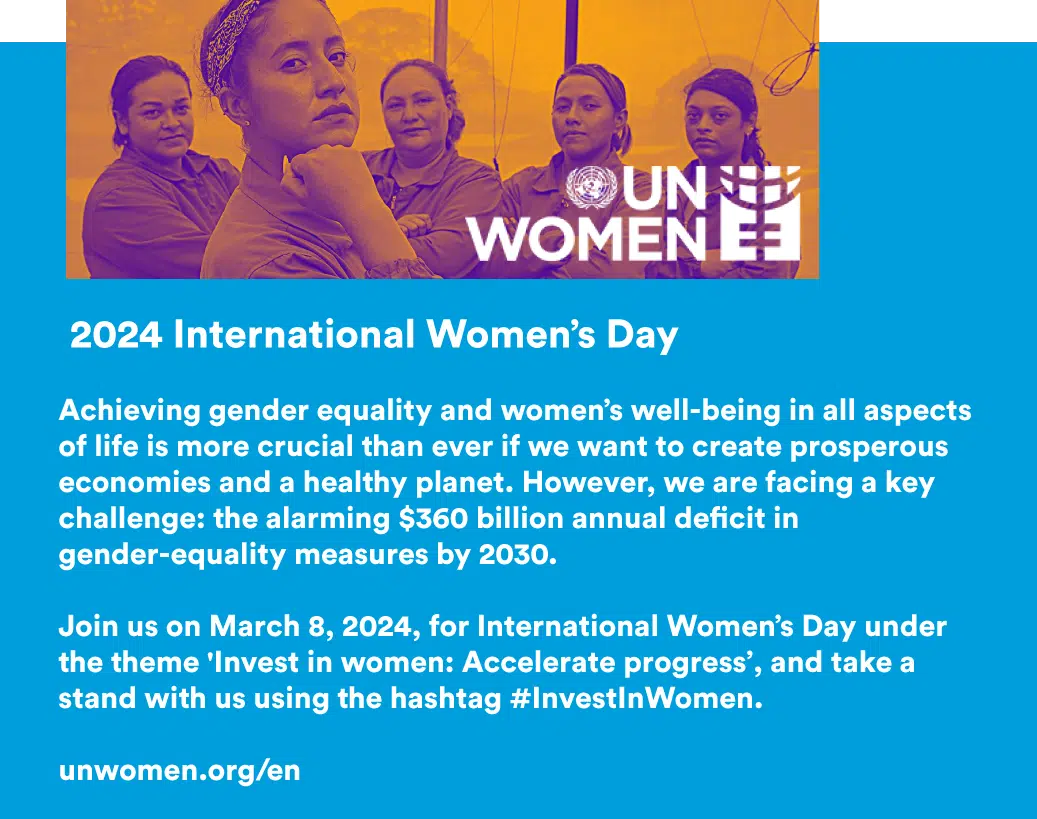 United Nations International Women's Day 2024 - Investing in Women - 2024 International Womens Day Achieving gender equality and women’s well-being in all aspects of life is more crucial than ever if we want to create prosperous economies and a healthy planet. However, we are facing a key challenge: the alarming $360 billion annual de cit in gender- equality measures by 2030. Join us on March 8, 2024, for International Women’s Day under the theme 'Invest in women: Accelerate progress”, and take a stand with us using the hashtag #InvestInWomen. unwomen.org/en